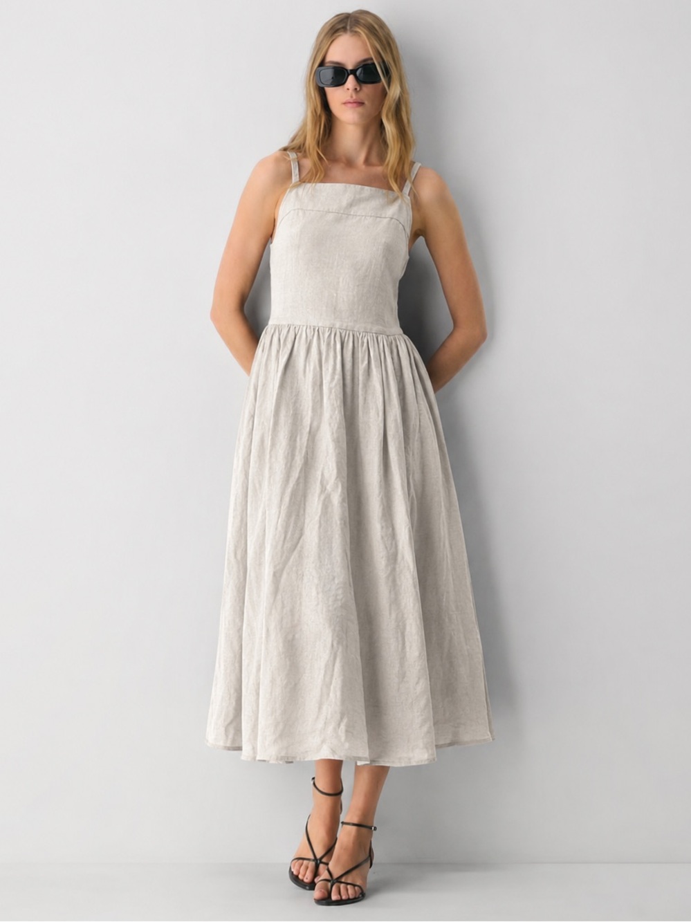 Dalia Linen Blend Midi Dress Large NWOT Neutral Beige Cottagecore Minimalist